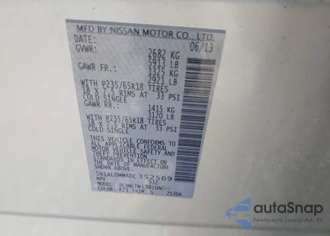 2013 Infiniti Jx35 z USA, uszkodzony, nr VIN 5N1AL0MM4DC352569